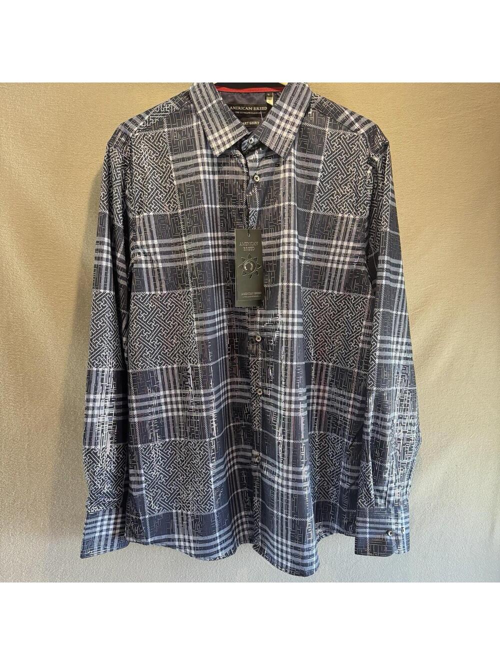 American Breed Smart Shirt Blue White Foil Geometric Long Sleeve Size Large NWT